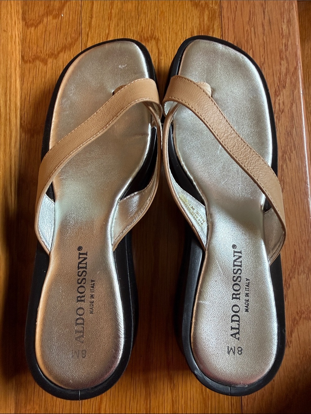 Tan Leather Thong Sandals with Metallic Gold Footbed